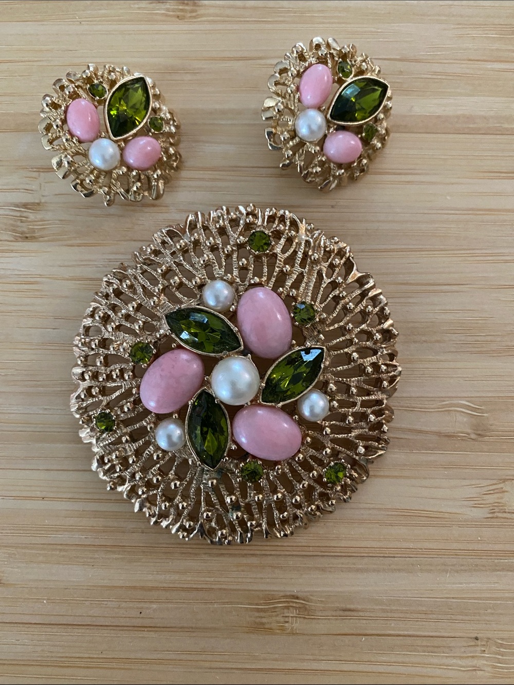 Vintage Gold-Tone Pink & Olive Green Floral Brooch and Clip-On Earring Set